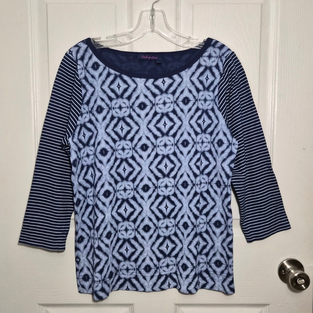 Fresh Produce Women's L Top 3/4 Sleeve Blue Diamond Stripe Casual Shirt